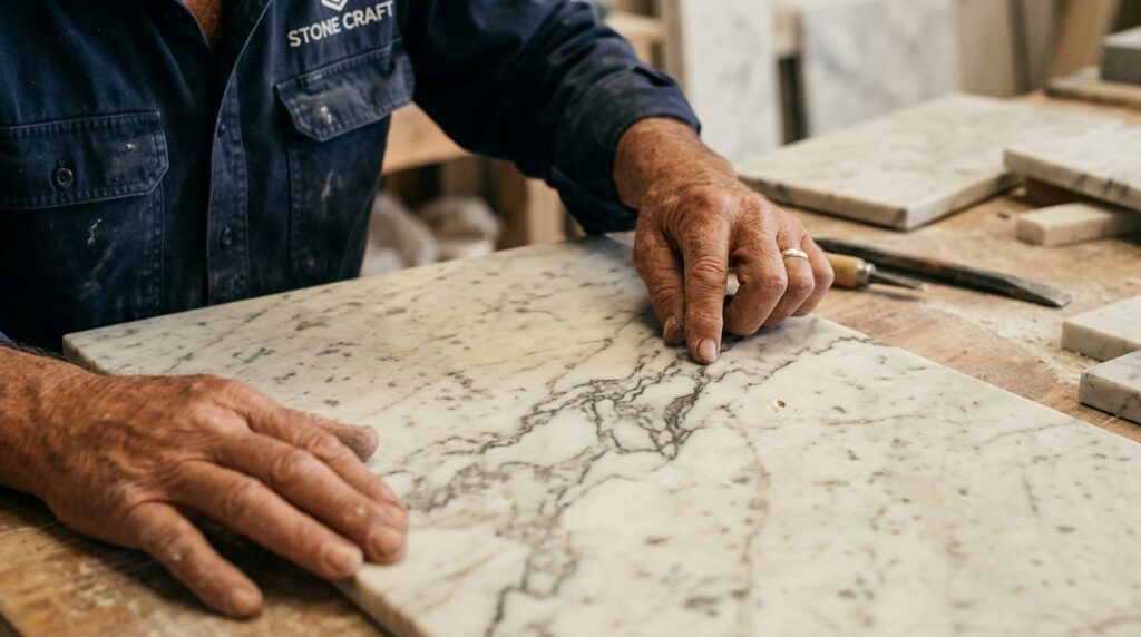 Close-up detail shot of marble tile texture showing natural 