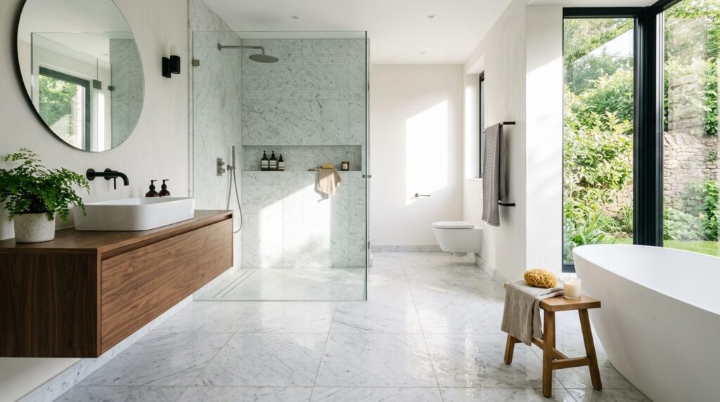 Modern minimalist bathroom or kitchen interior featuring mar